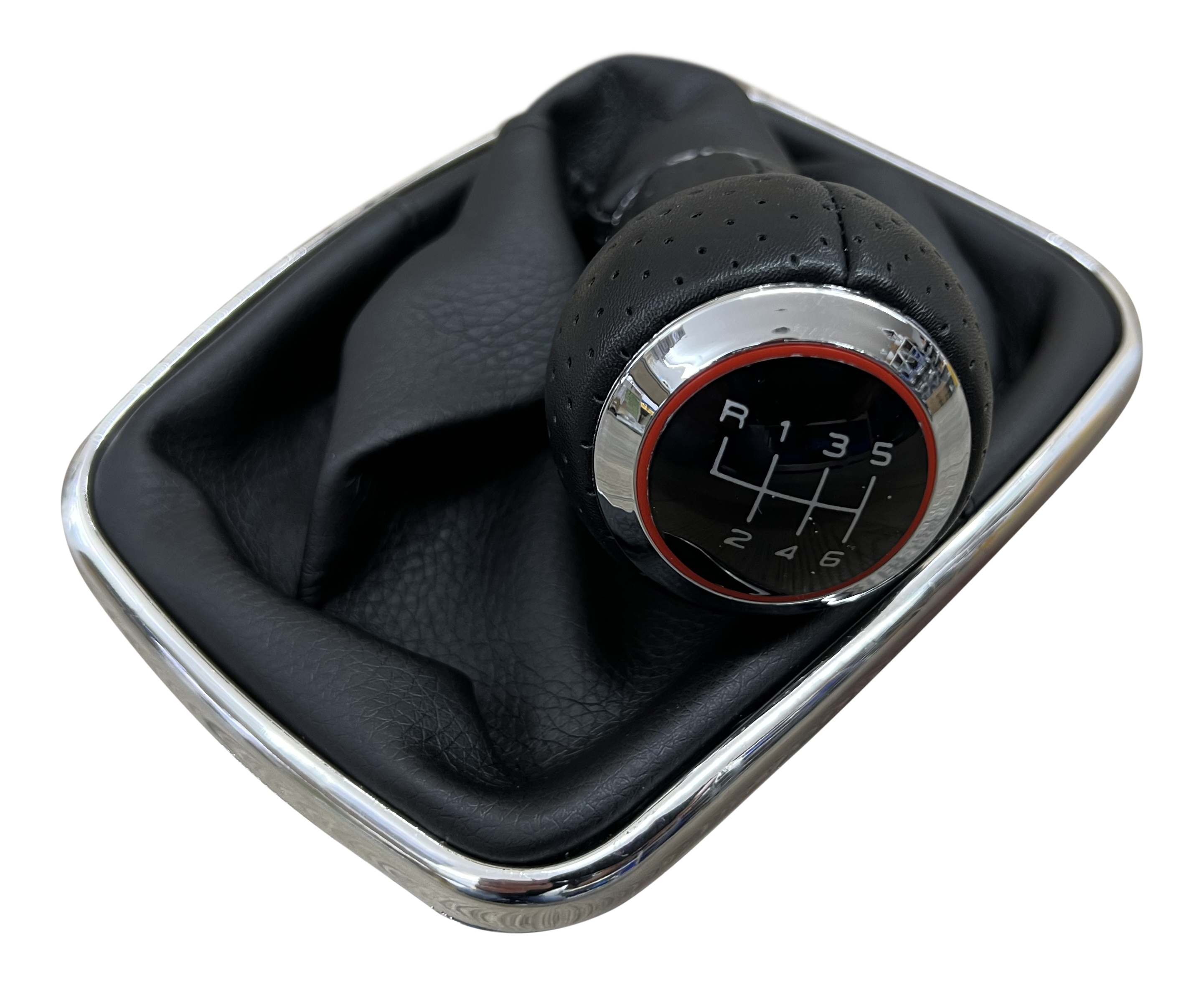 Lochleder Sport Schaltknauf Knauf + Schaltmanschette Schwarz Chrom mit roten Ring 6-Gang für VW Sharan 7M / Seat Alhambra / Ford Galaxy