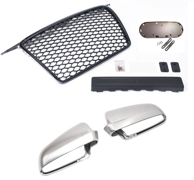 Kühlergrill Sportgrill Waben Grill + Alu Look Spiegel Gehäuse Außenspiegel für Audi A3 8P + Sportback 2005-2008