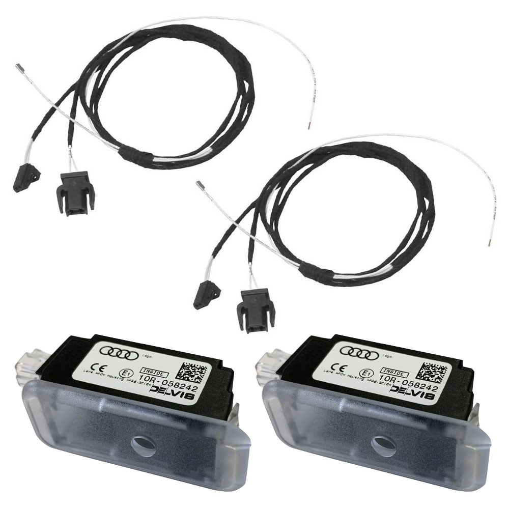 Original Kufatec Adapter Kabel Kabelbaum Einstiegsleuchten Türbeleuchtung vorne + Original Audi Logo Leuchten 'Ringe' für Audi A4 B8 8K A5 8T 8F Q5 8R