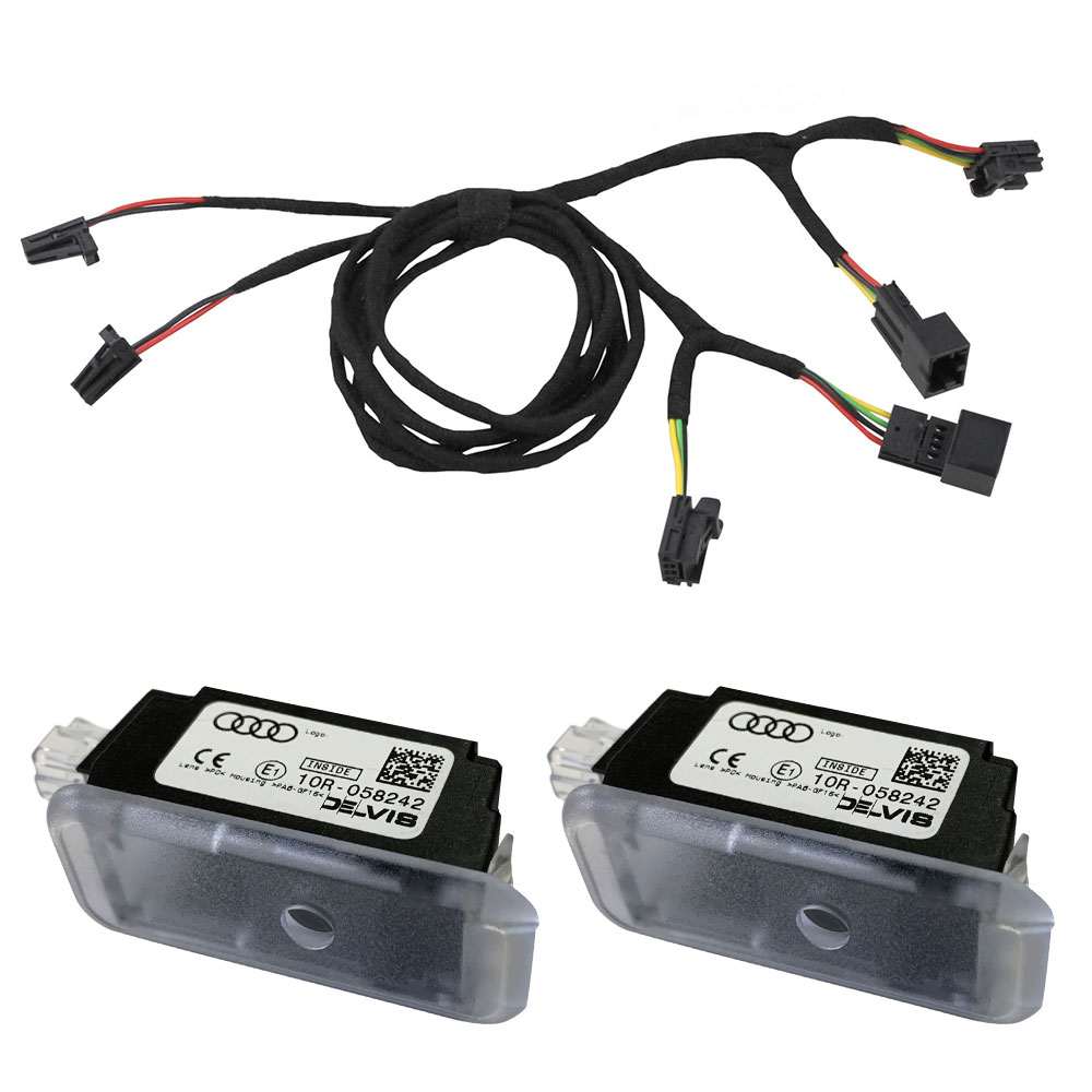 Original Kufatec Adapter Kabel Kabelbaum Einstiegsleuchten Türbeleuchtung vorne + Original Audi Logo Leuchten 'Ringe' für Audi Q2 GA ab 2016-