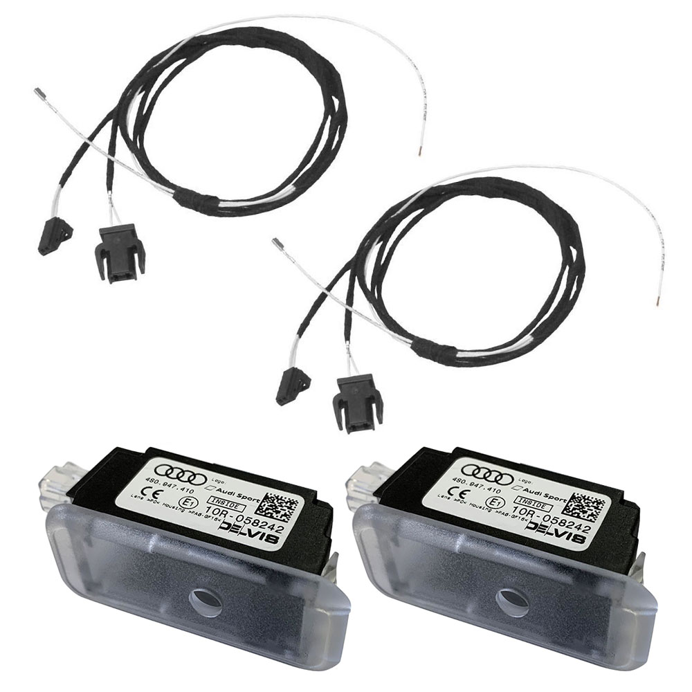 Original Kufatec Adapter Kabel Kabelbaum Einstiegsleuchten Türbeleuchtung vorne + Original Audi Logo Leuchten 'Audi Sport' für Audi A4 B8 8K A5 8T 8F Q5 8R