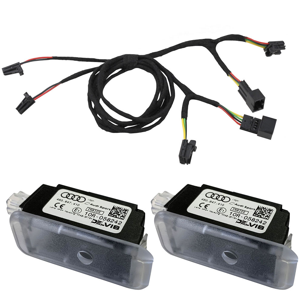 Original Kufatec Adapter Kabel Kabelbaum Einstiegsleuchten Türbeleuchtung vorne + Original Audi Logo Leuchten 'Audi Sport' für Audi Q2 GA ab 2016-