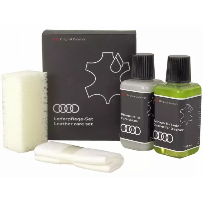 Original Audi Leder Pflege Set 4-teilig Reiniger Pflegecreme Schwamm Vliestuch