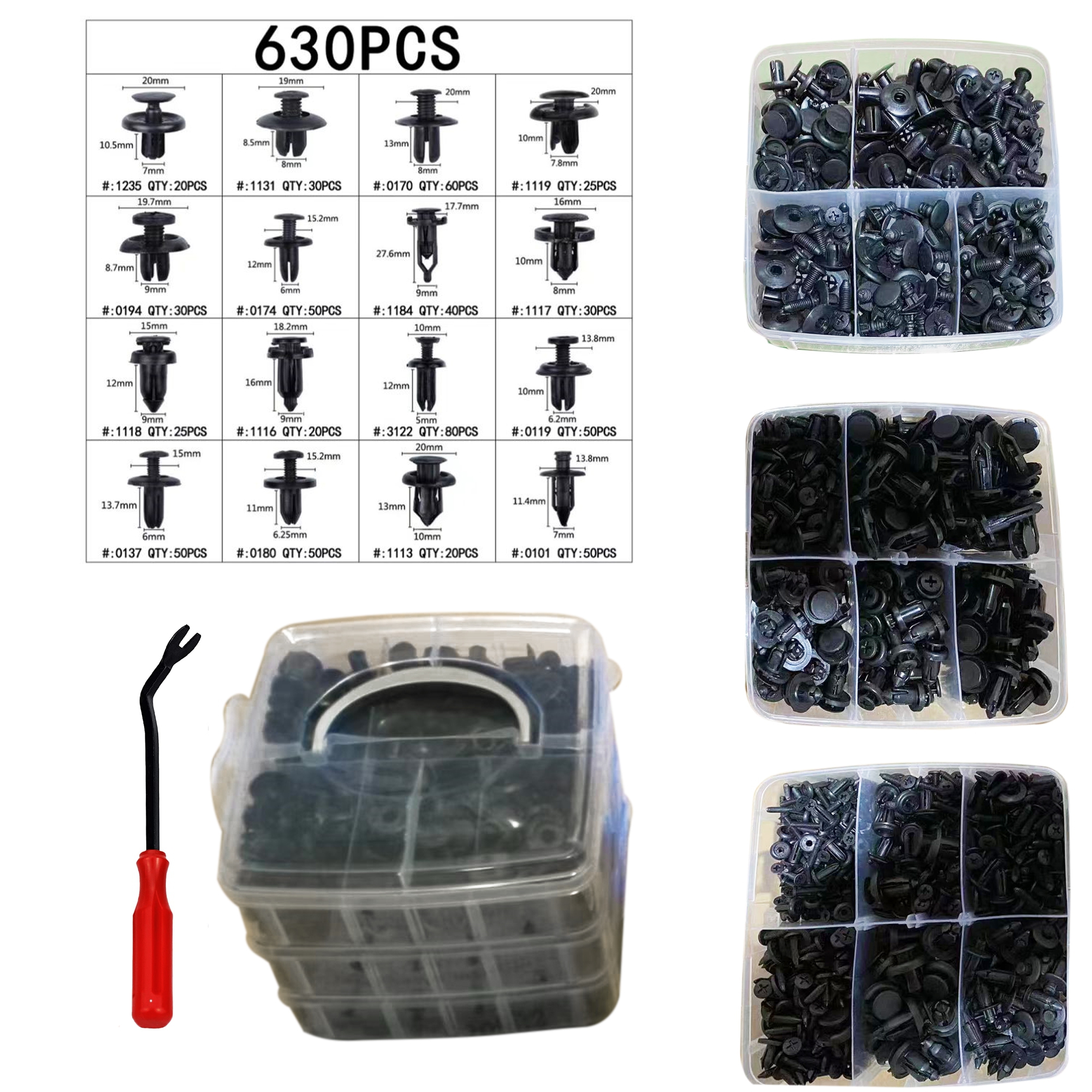 630 x Clips Nieten Stifte Verkleidung Radkasten Befestigung XXL BOX für Auto Innenraum, Zierleisten, Stoßstangen und Universal Reparatur