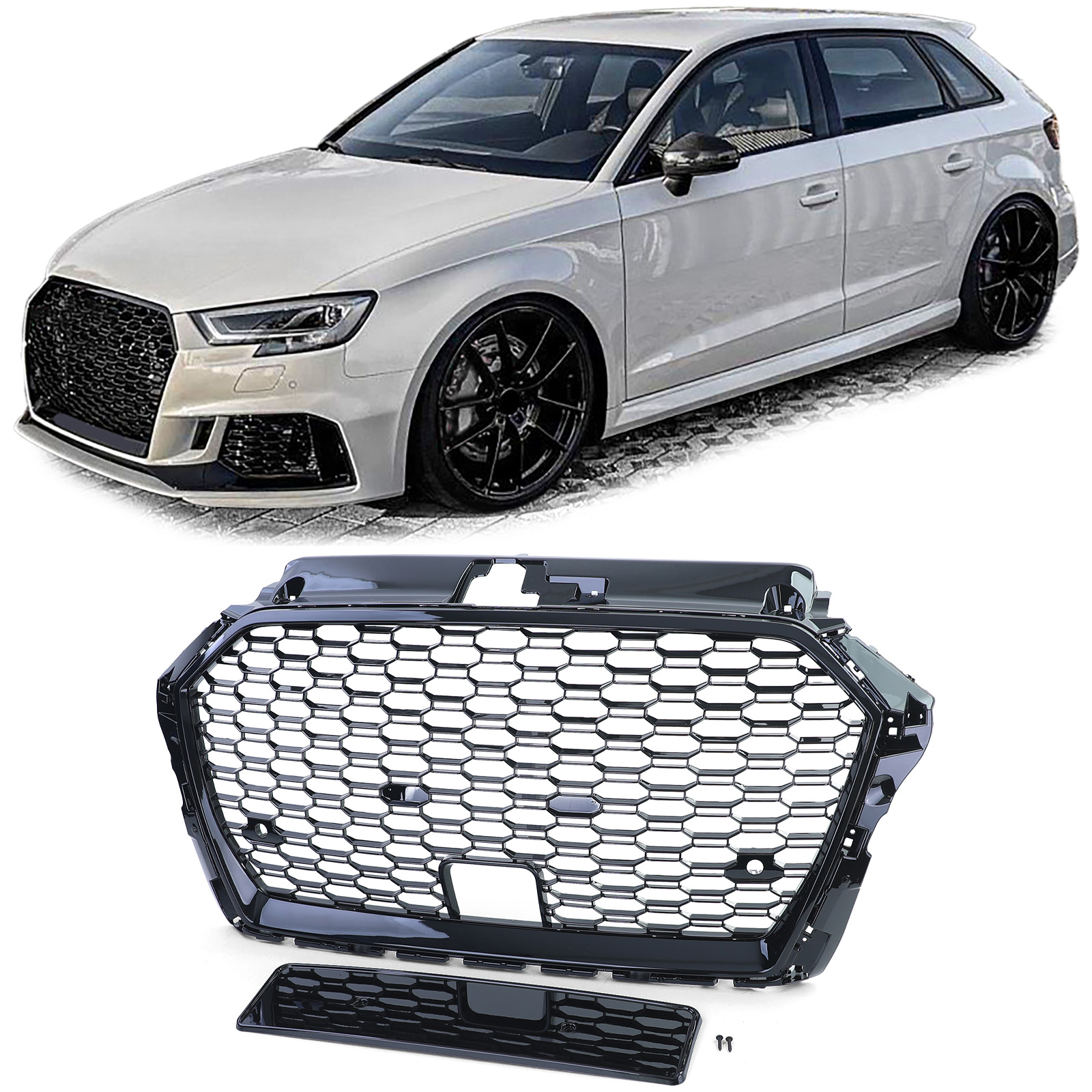 Kühlergrill Sportgrill Wabengrill Grill Schwarz Glanz für Audi A3 8V ab 2016-2020 mit ACC