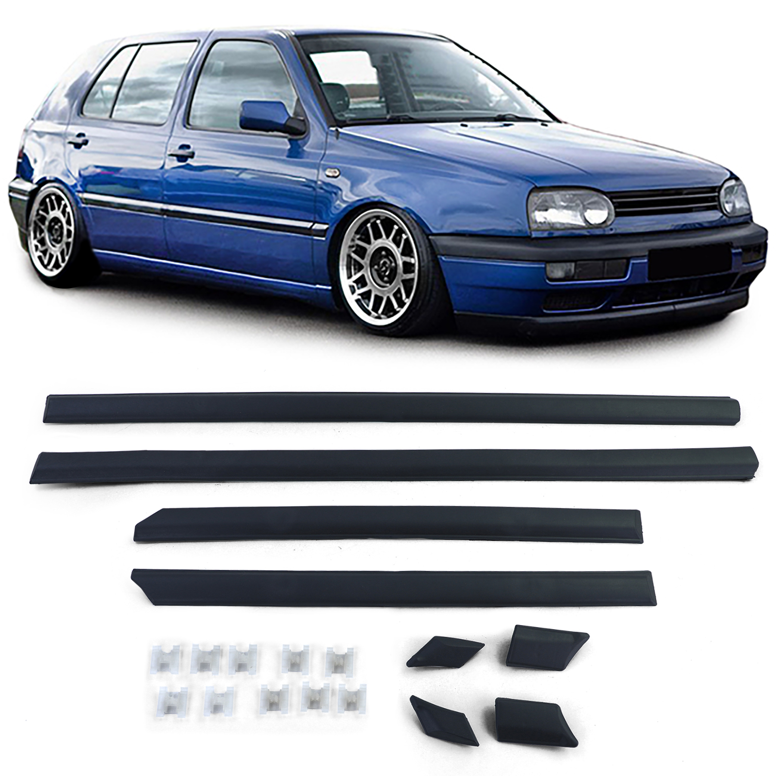 4x Zierleisten Türleisten Seitenleisten Leisten Set LINKS + RECHTS + CLIPS für VW Golf 3 III 4-Türer ab 1991-1997