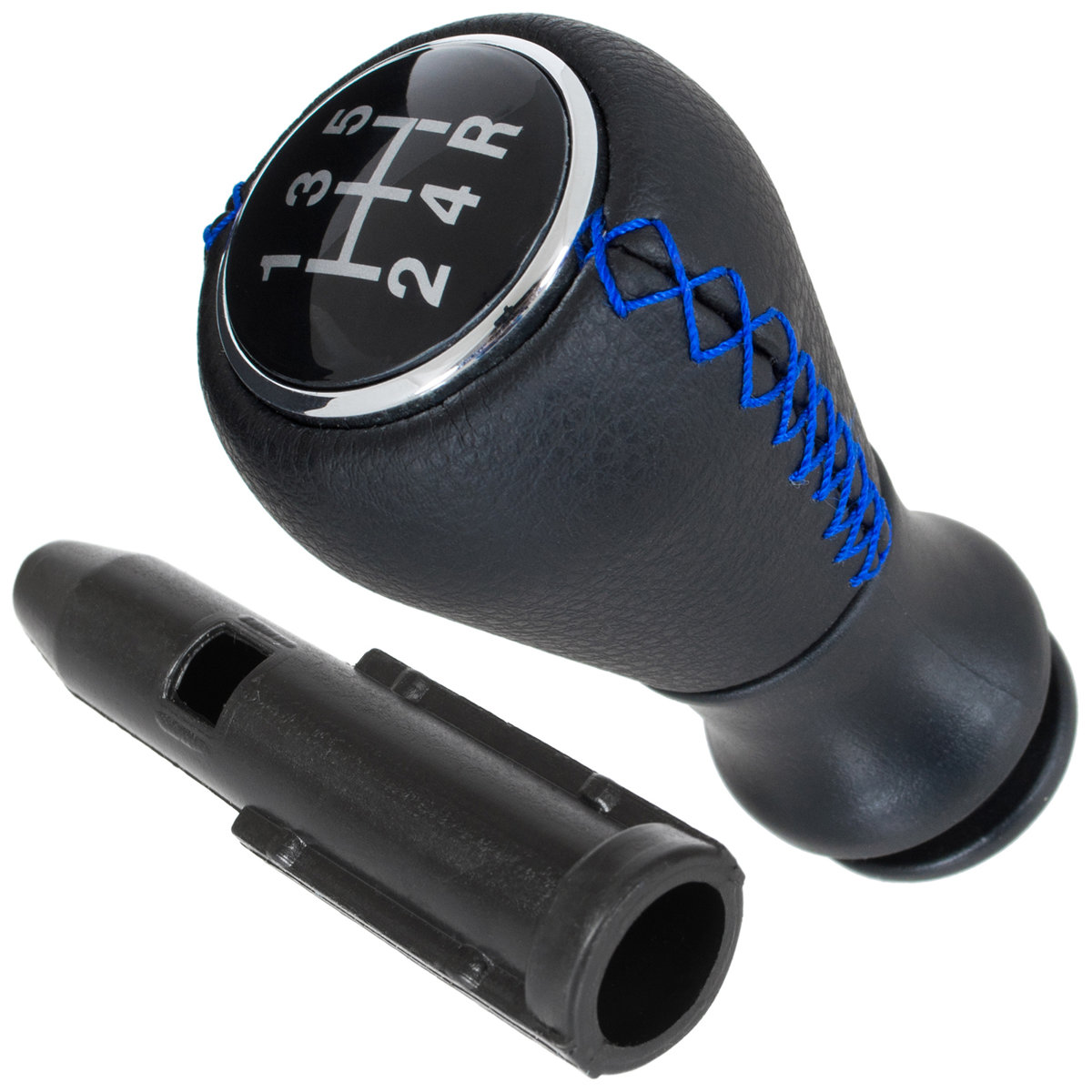 Schaltknauf Knauf 5-Gang Schwarz mit blauer Naht + Adapter Hülse für Citroen C2 C3 I II III Picasso C4 I II Picasso C5 I II III C8