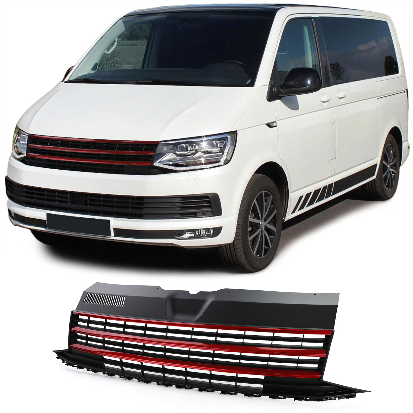 Kühlergrill Sportgrill Grill Schwarz ohne Emblem mit roten Leisten für VW T6 VI Bus Transporter ab 2015-2019