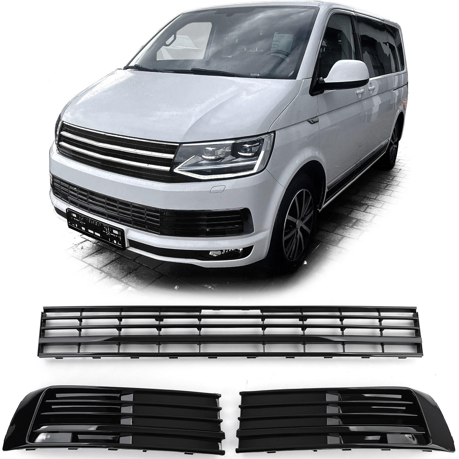 Kühlergrill Gitter Stoßstange LINKS RECHTS MITTE Schwarz Glanz für VW T6 VI ohne ACC ab 2015-2019