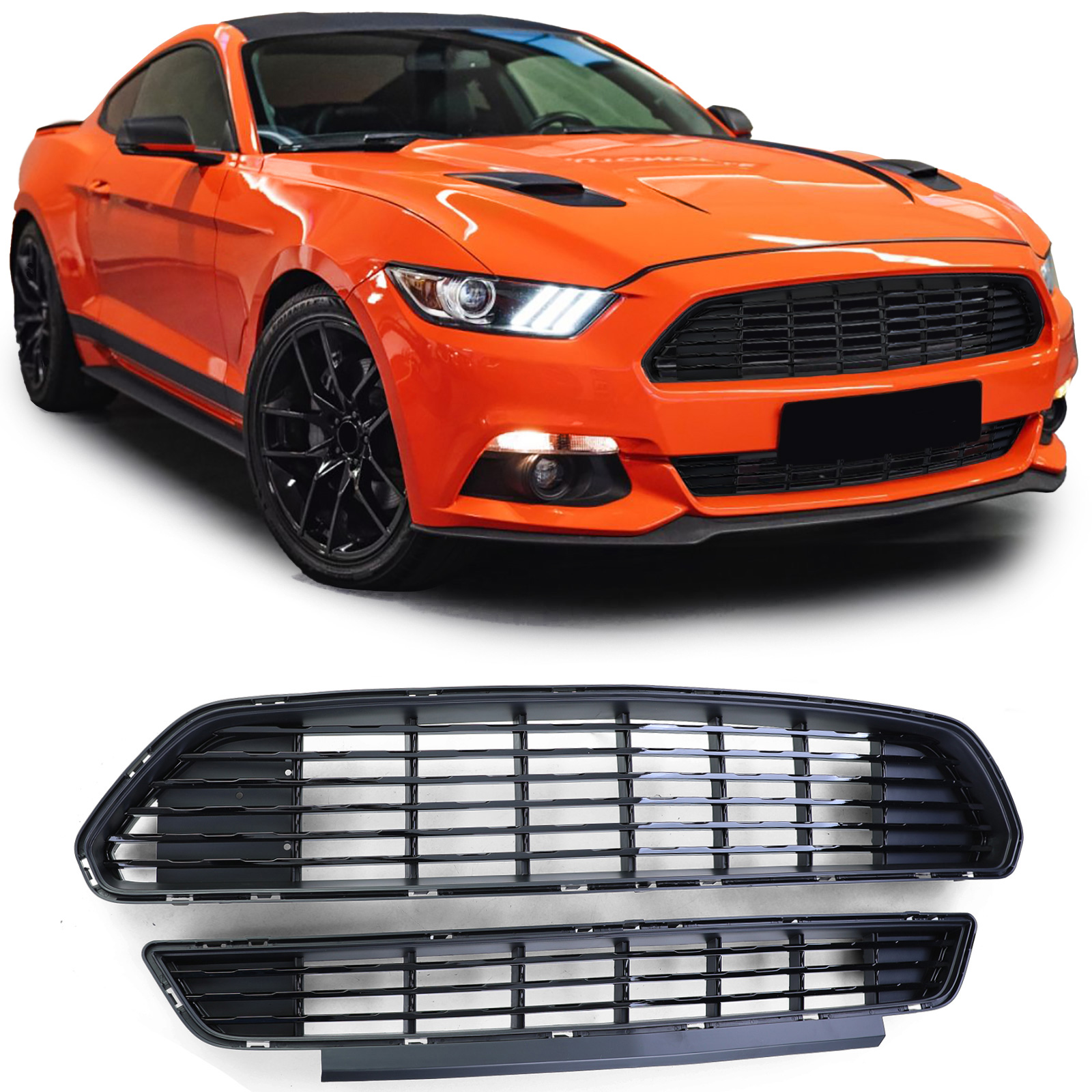 Kühlergrill Sportgrill Grill in Schwarz Glanz (unten + oben) in Schwarz Glanz für Ford Mustang 6 VI ab 2014-2017