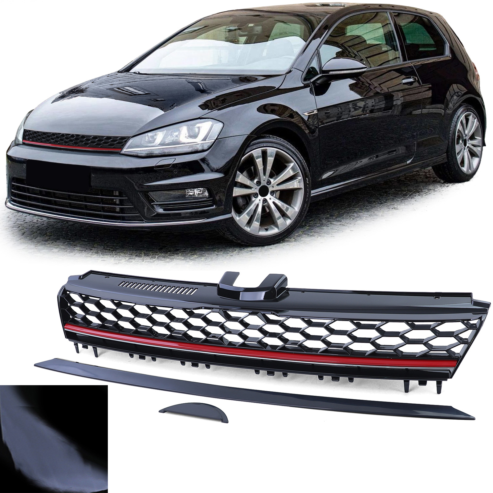 Kühlergrill Sportgrill Grill mit roter Leiste in Schwarz Glanz für VW Golf 7 VII ab 12-17