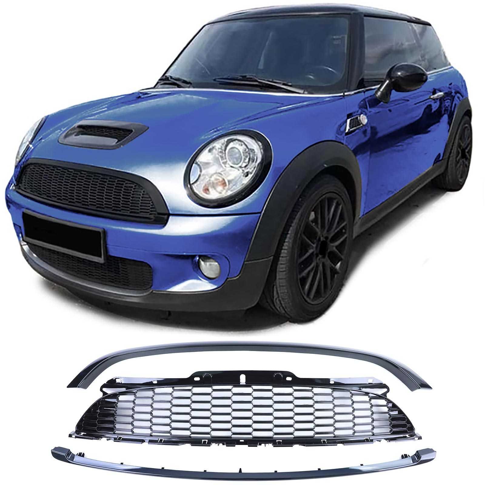 Kühlergrill Sportgrill Grill in Schwarz Glanz 3tlg Set für Mini Cooper R56 Cabrio R57 ab 2006-2009