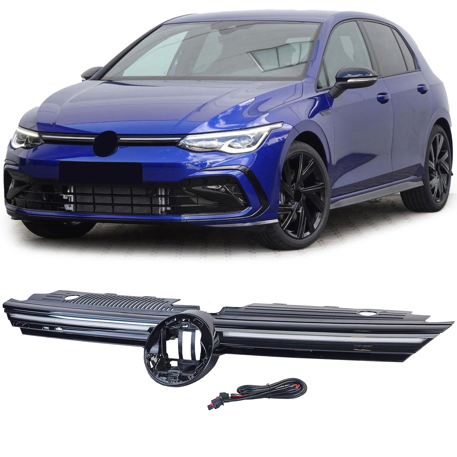 Sportgrill Kühlergrill Schwarz Glanz BELEUCHTET / LICHTSTREIFEN für VW Golf 8 VIII auch GTI GTD R-Line 2019-2024