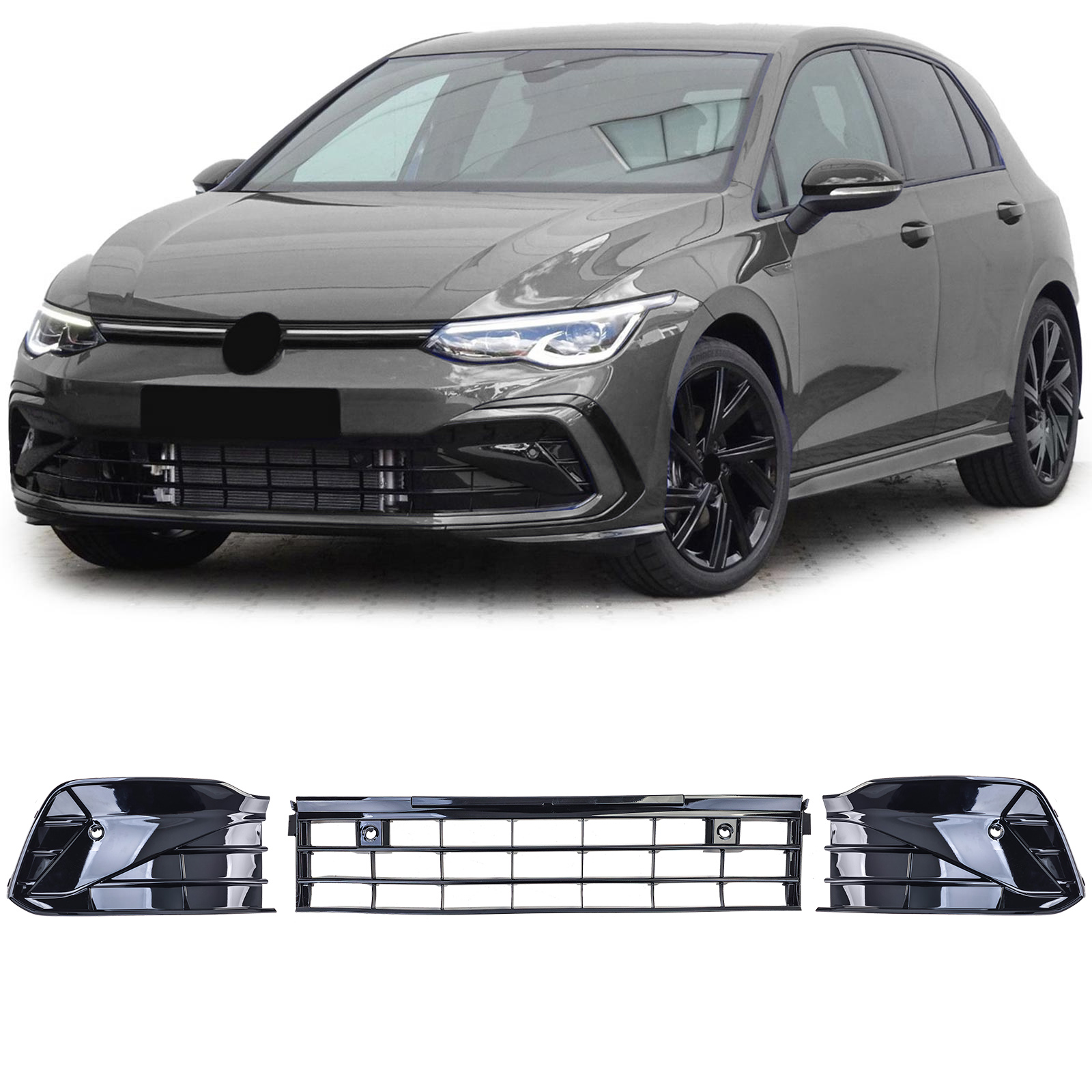 Gitter Stoßstange Schwarz Glanz LINKS + RECHTS + MITTE für VW Golf 8 VIII GTI GTD R-Line 2019-2024