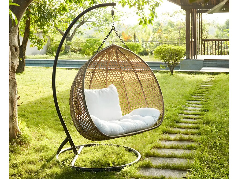 Hängesessel 2-Sitzer Polyrattan - Beige mit weißem Kissen - VAHINA von MYLIA