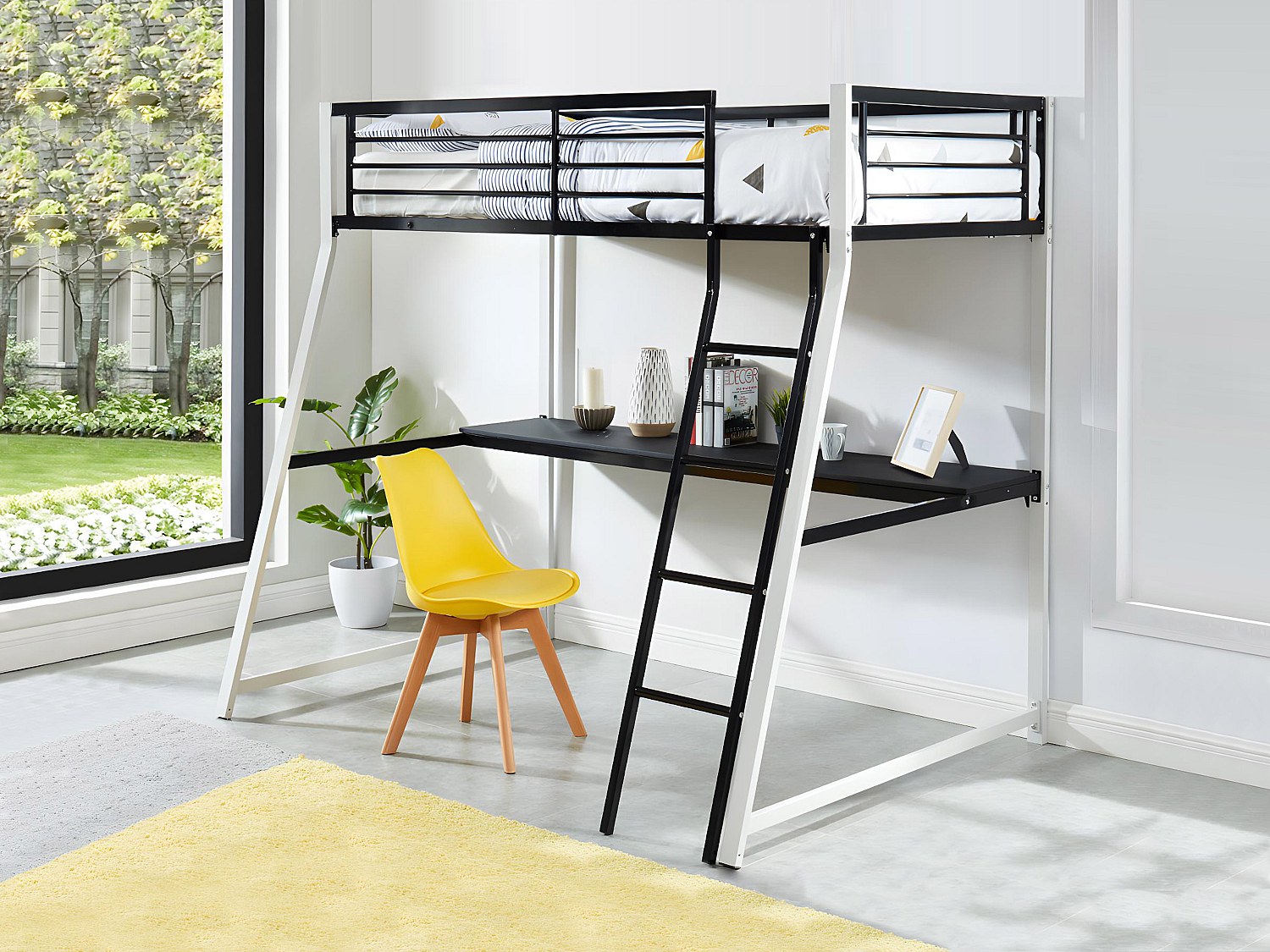 Hochbett mit Schreibtisch - 90 x 190 cm - Schwarz & Weiß - MALICIA