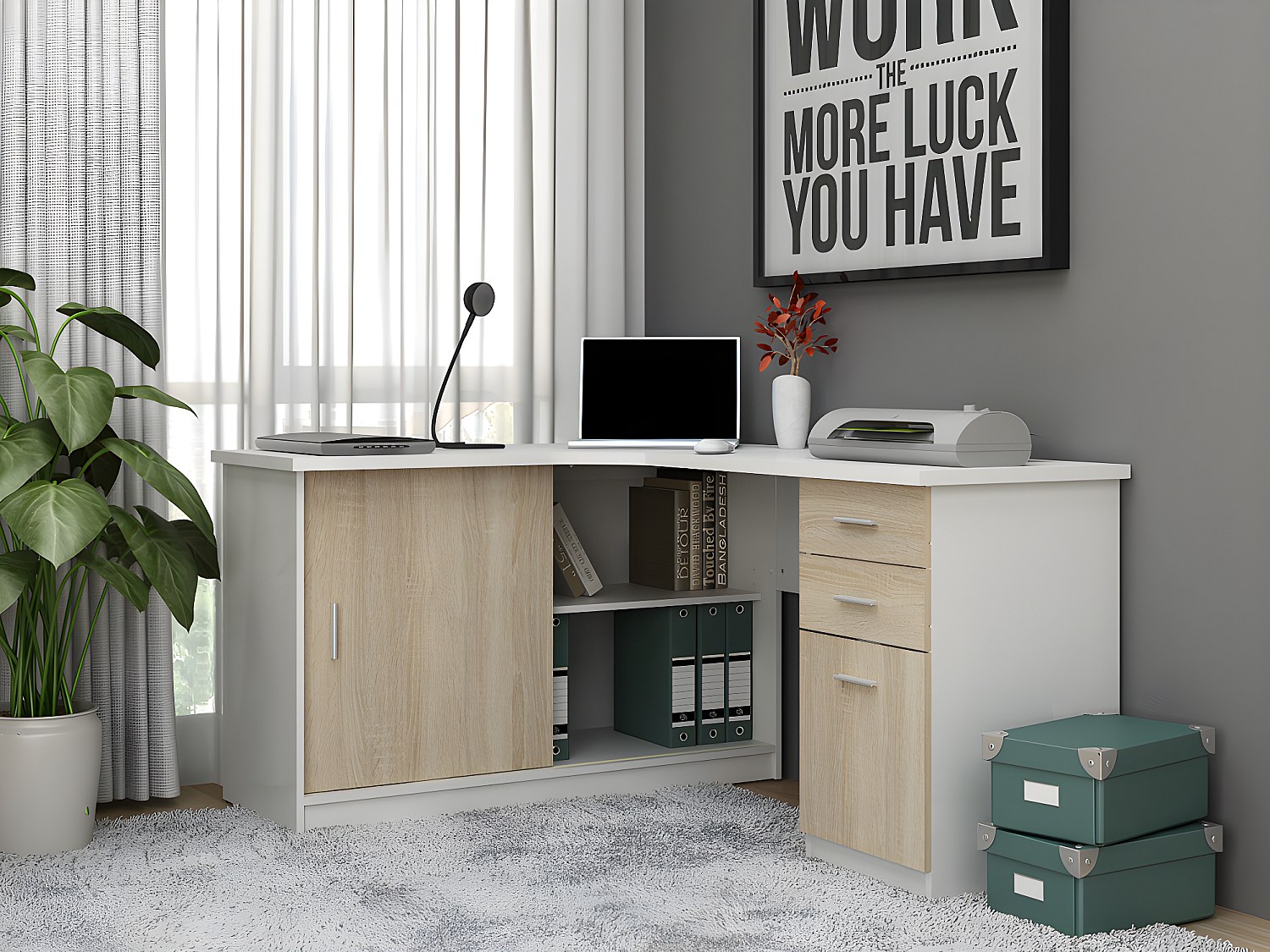 Eckschreibtisch mit 2 Türen & 2 Schubladen - Weiß & Eichefarben - NORWY