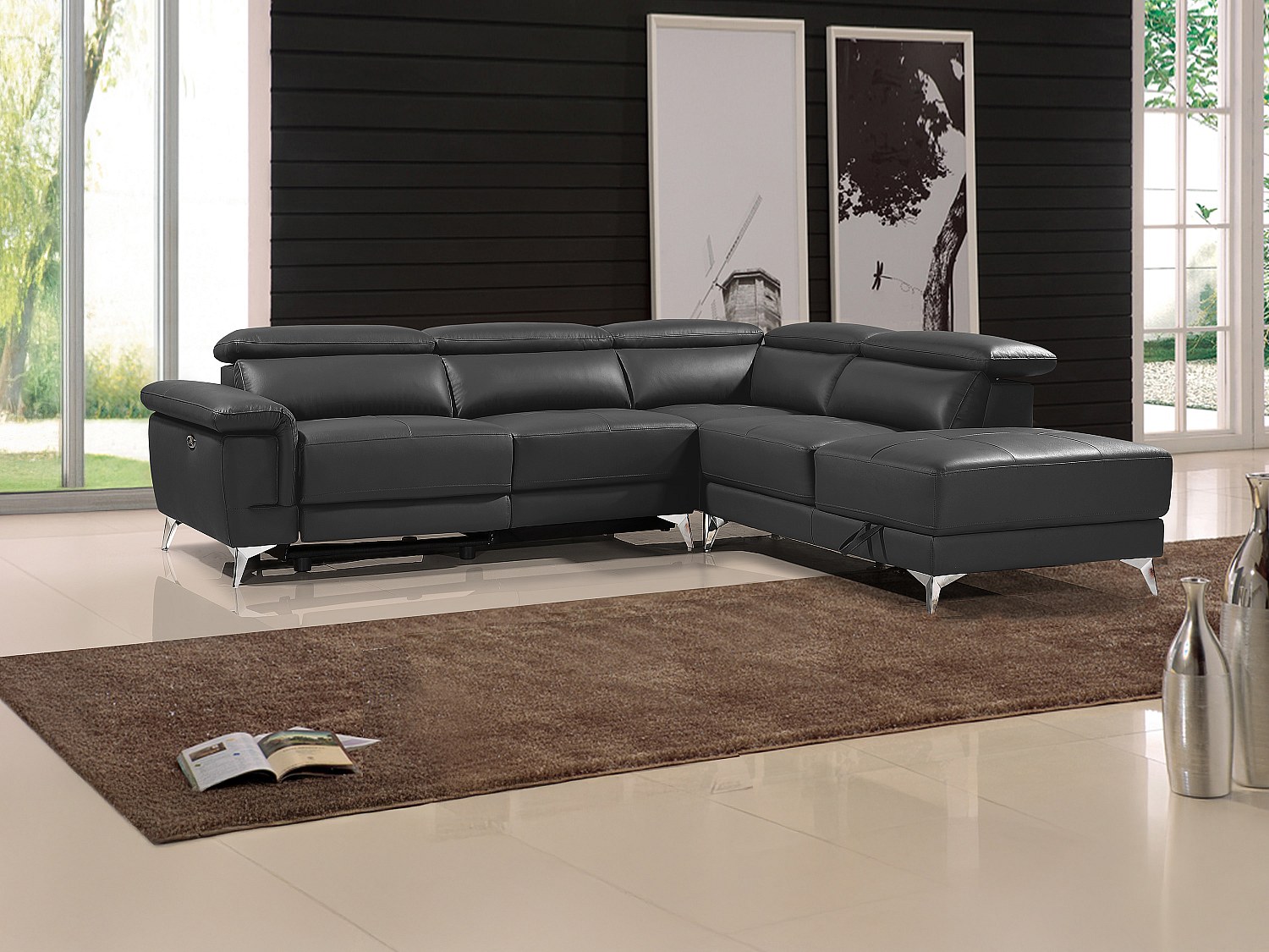 Relaxsofa Ecksofa Leder elektrisch - Ecke Rechts - Anthrazit - PASCALINE