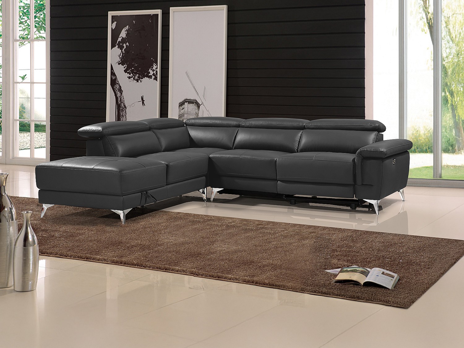 Relaxsofa Ecksofa Leder elektrisch - Ecke Links - Anthrazit - PASCALINE