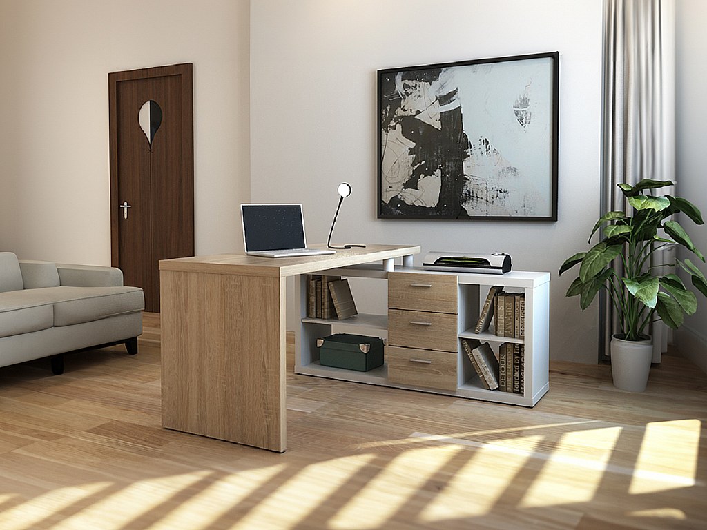 Eckschreibtisch mit Stauraum - Weiß & Eichefarben - ALDRIC III