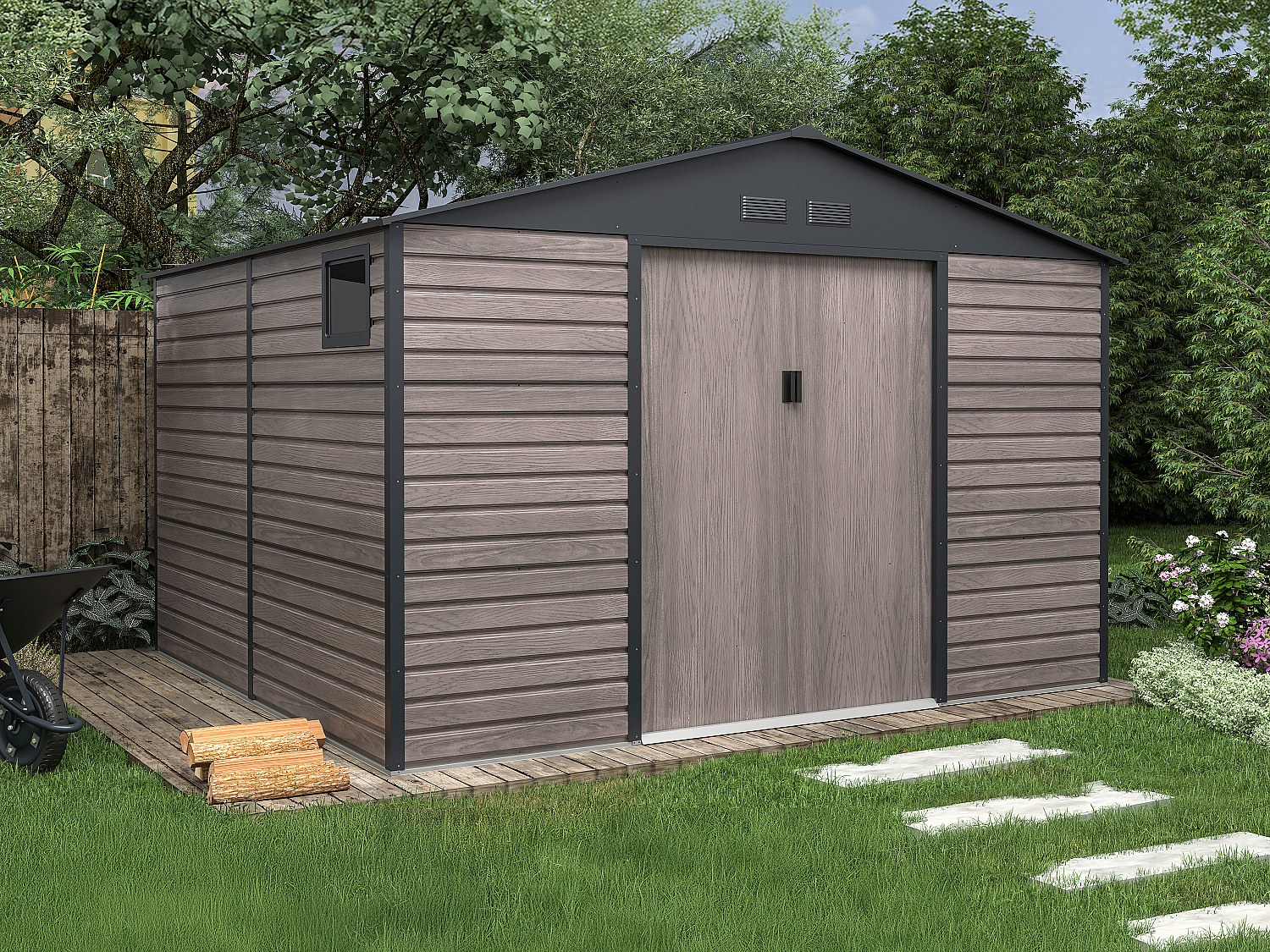 Gartenhaus Gerätehaus - 10,98 m² - Stahl - Holz-Optik - Grau - ADELMO