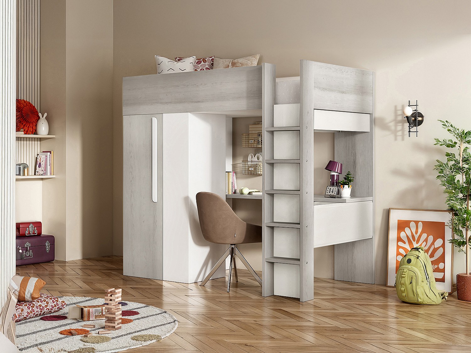 Hochbett mit Schreibtisch & Kleiderschrank - 90 x 200 cm - Holzfarben Grau & Weiß - NICOLAS