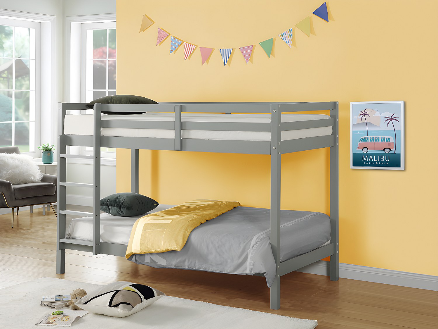 Etagenbett - 2x 90 x 190 cm - Kiefer massiv - Grau - ANICET II