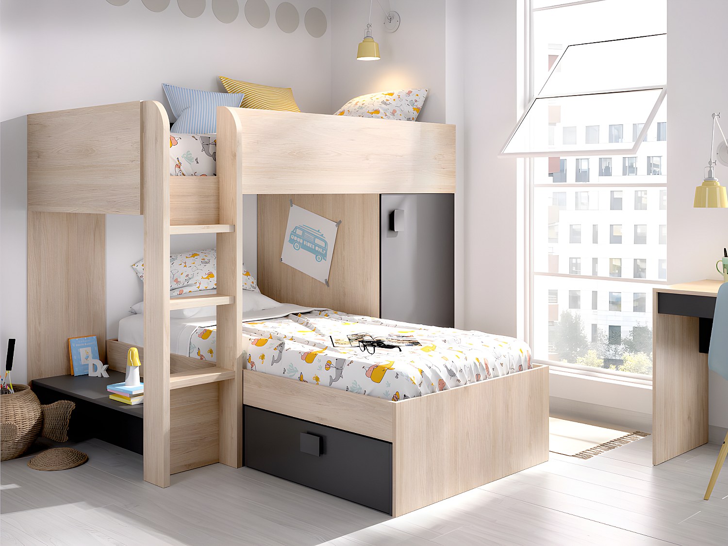 Eck-Hochbett modulierbar - 2 x 90 x 190 cm - mit Stauraum - Holzfarben & Anthrazit + Matratze - RICARDO