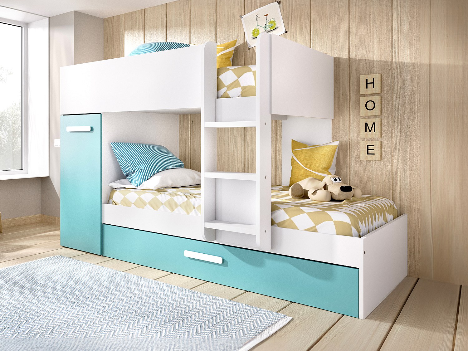 Etagenbett Ausziehbett mit Stauraum + Matratzen - 3x 90 x 190 cm - Weiß, Naturfarben & Blau - ANTHONY