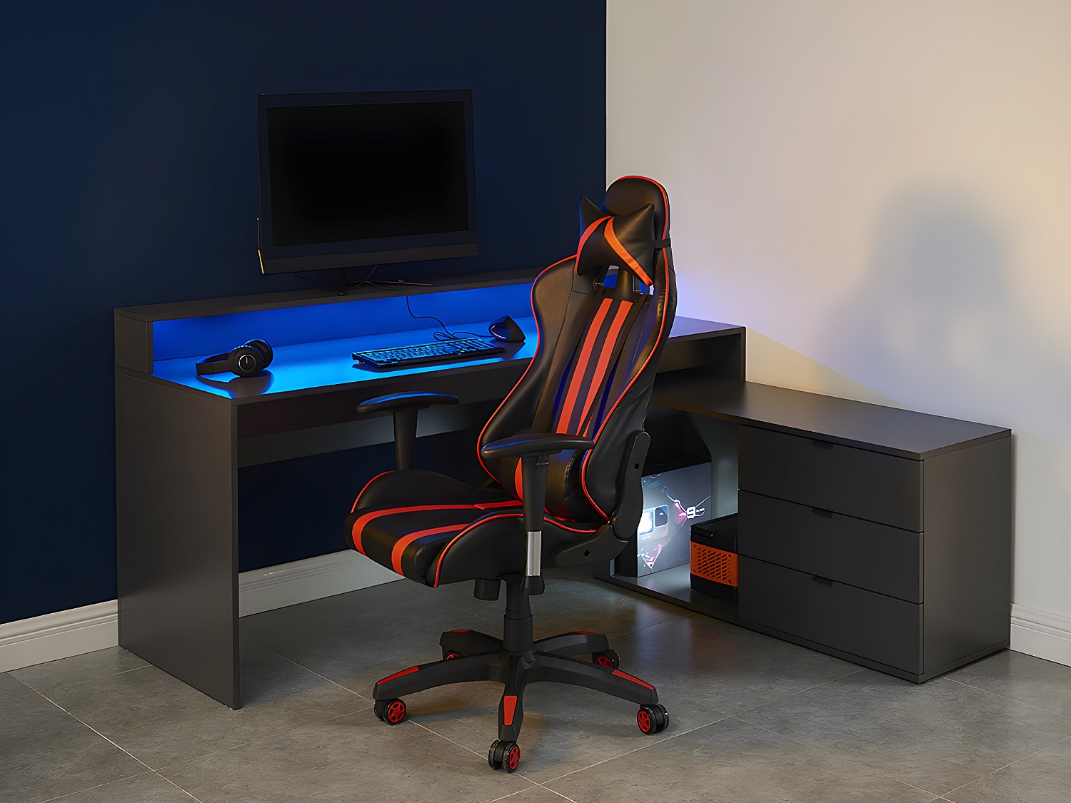 Gaming-Eckschreibtisch mit Stauraum & LEDs - MDF - Grau - NEHA