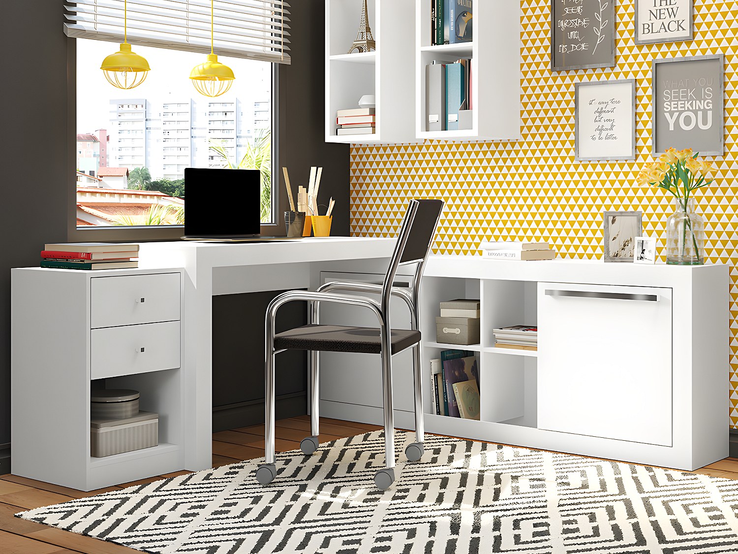 Eckschreibtisch mit 2 Schubladen & 2 Türen - Weiß - EVAN