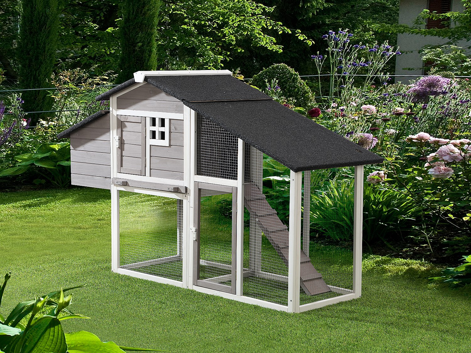 Hühnerstall aus Holz mit Freilaufgehege - für 4 Hühner - 173 x 64 x 108 cm - Weiß und Grau - LEVAS