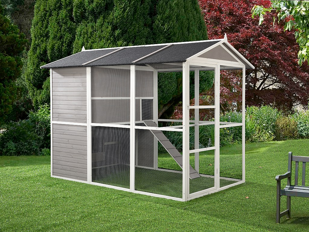 Hühnerstall aus Holz mit Freilaufgehege - für 10 Hühner - 266 x 174 x 205 cm - Weiß - FERAS