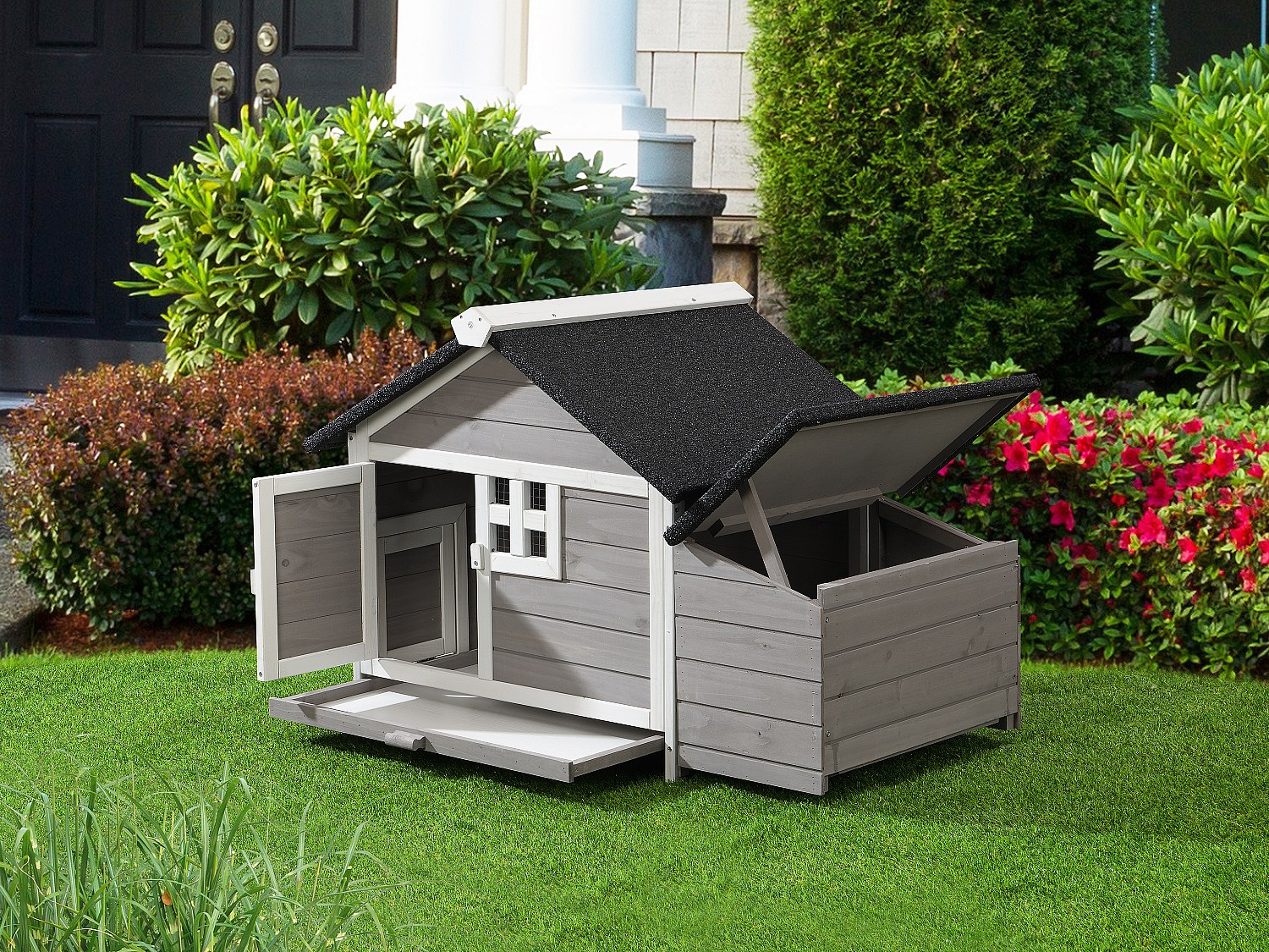 Hühnerstall aus Holz mit Legenest - für 2 Hühner - 106 x 64 x 71 cm - Weiß und Grau - ANSER