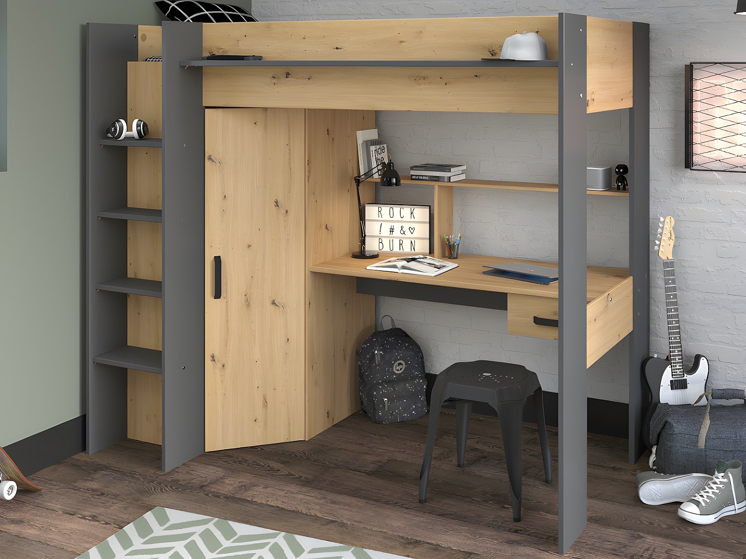 Hochbett mit Schreibtisch + Kleiderschrank + Matratze - 90 x 200 cm - Naturfarben & Anthrazit - AUCKLAND