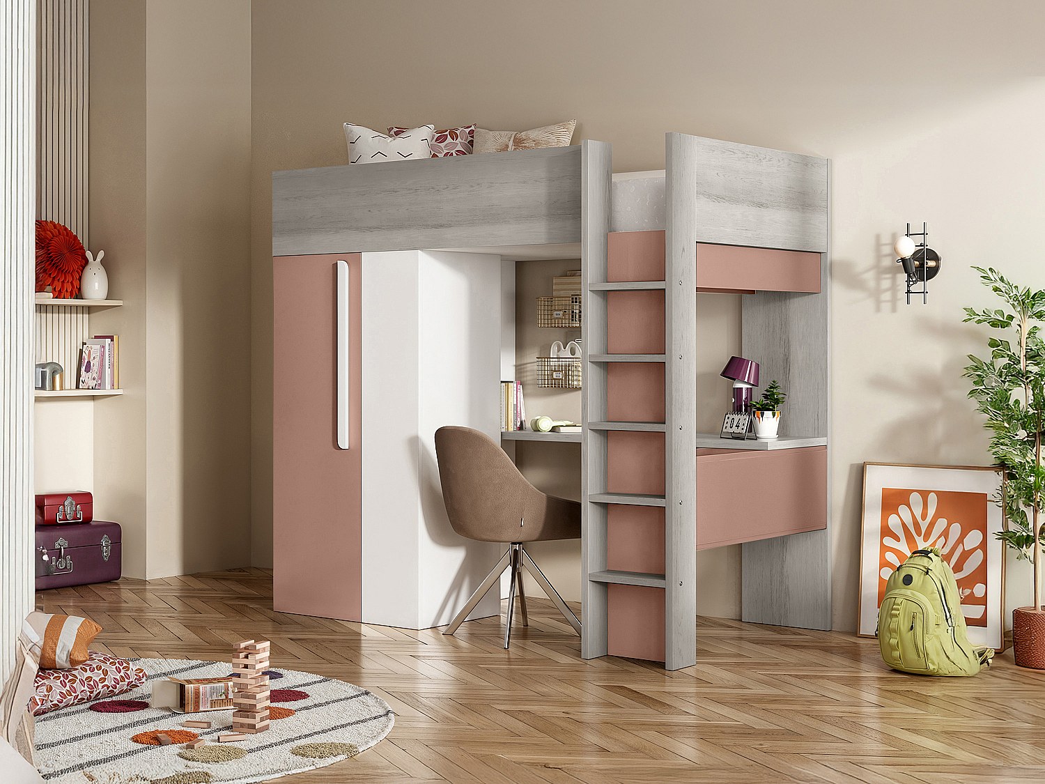 Hochbett mit Schreibtisch & Kleiderschrank - 90 x 200 cm - Rosa & Weiß - NICOLAS