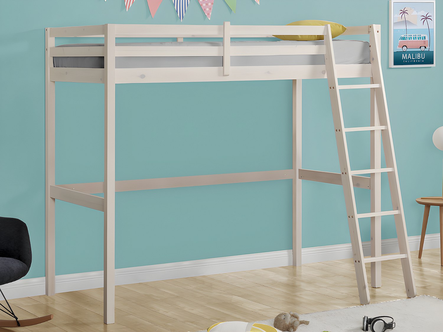 Hochbett + Matratze - 90 x 190 cm - Kiefer massiv - Geweißt - GEDEON II