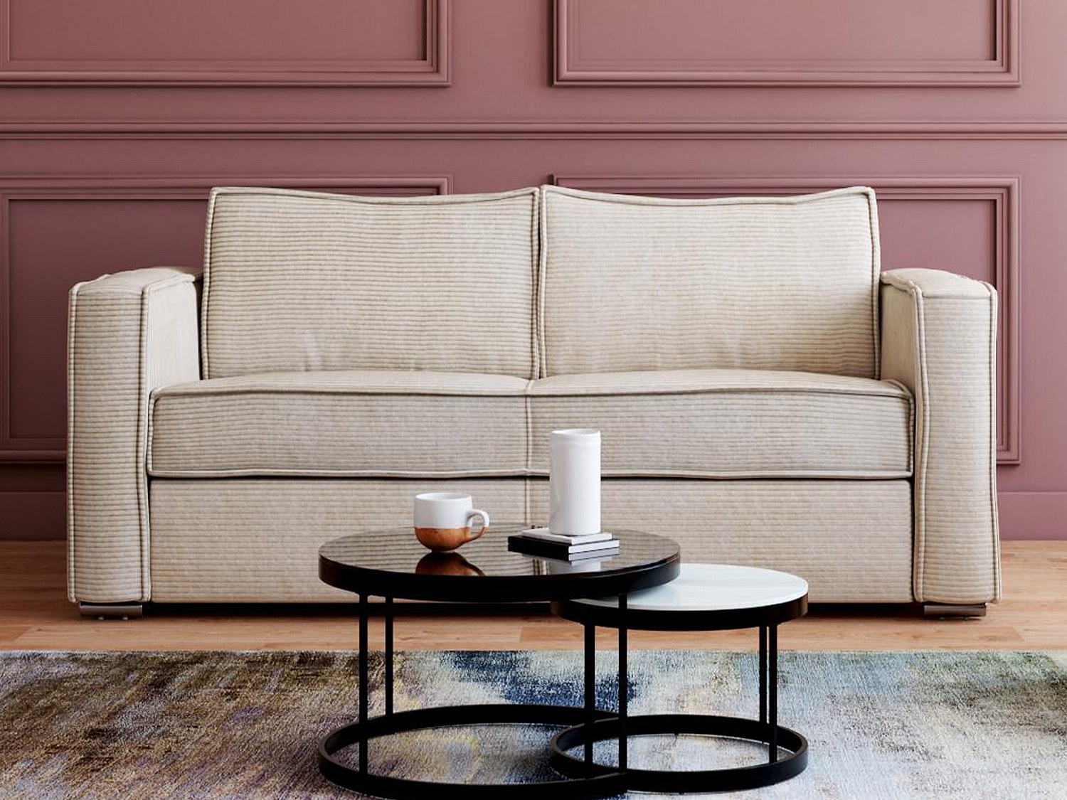 Schlafsofa mit Matratze 3-Sitzer - Cord - Beige - Liegefläche 140 cm -  Matratze 14 cm - LORETO