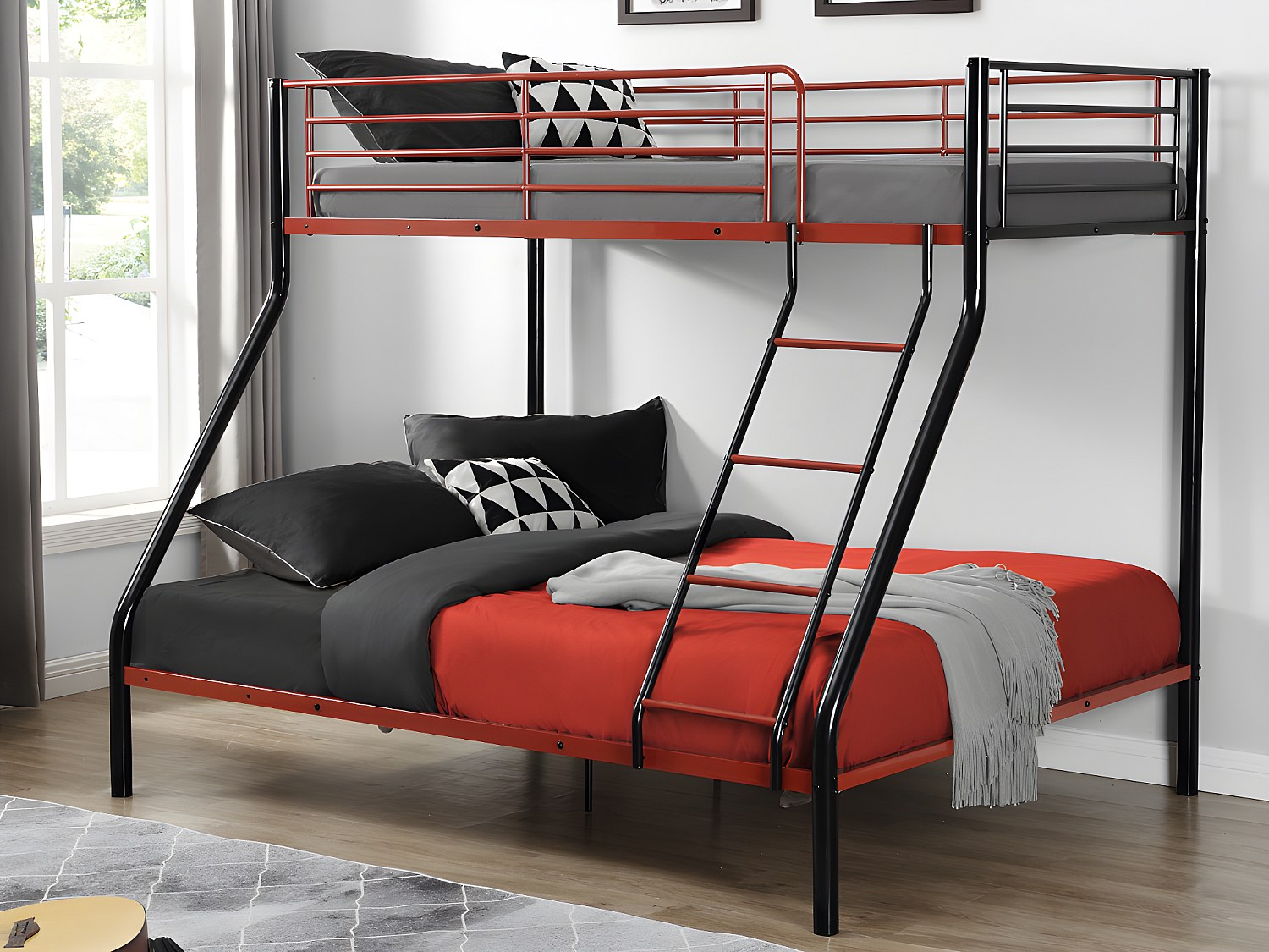 Etagenbett - 90 & 140 x 190 cm - Stahl - Schwarz & Rot + Matratze - ELEVATIO IV