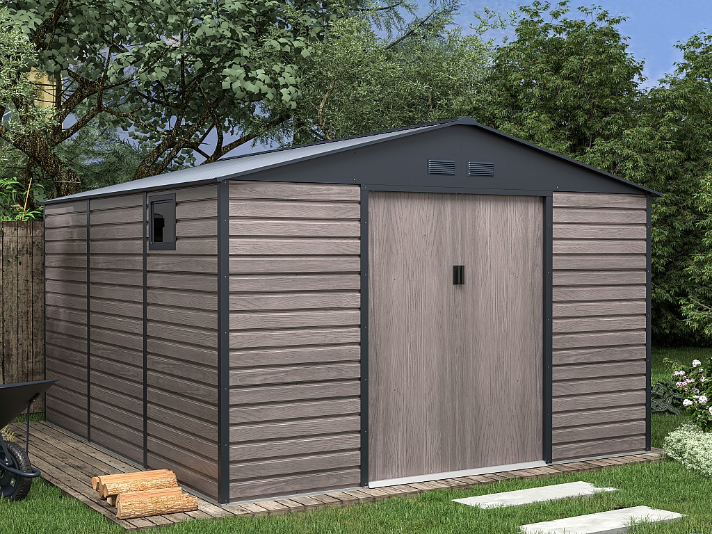 Gartenhaus Gerätehaus - 13,12 m² - Stahl - Holz-Optik - Grau - ADELMO