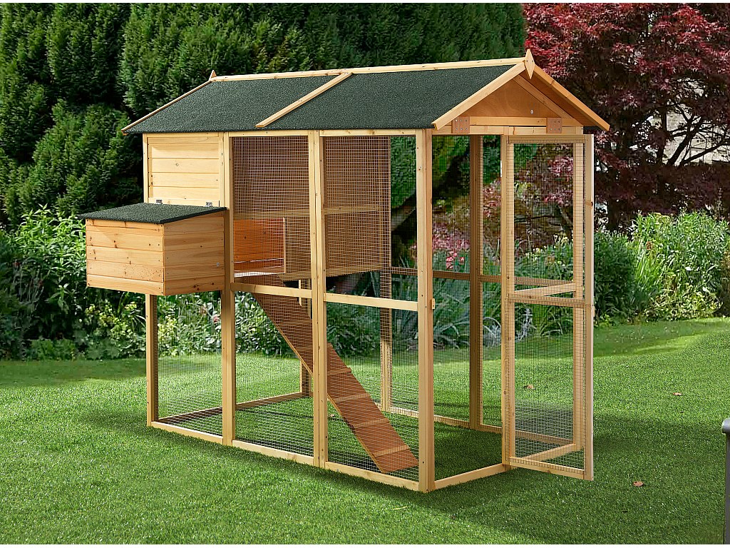 Hühnerstall aus Holz mit Freilaufgehege - für 8 Hühner - 201 x 142 x 171 cm - Holzfarben - GALLUS