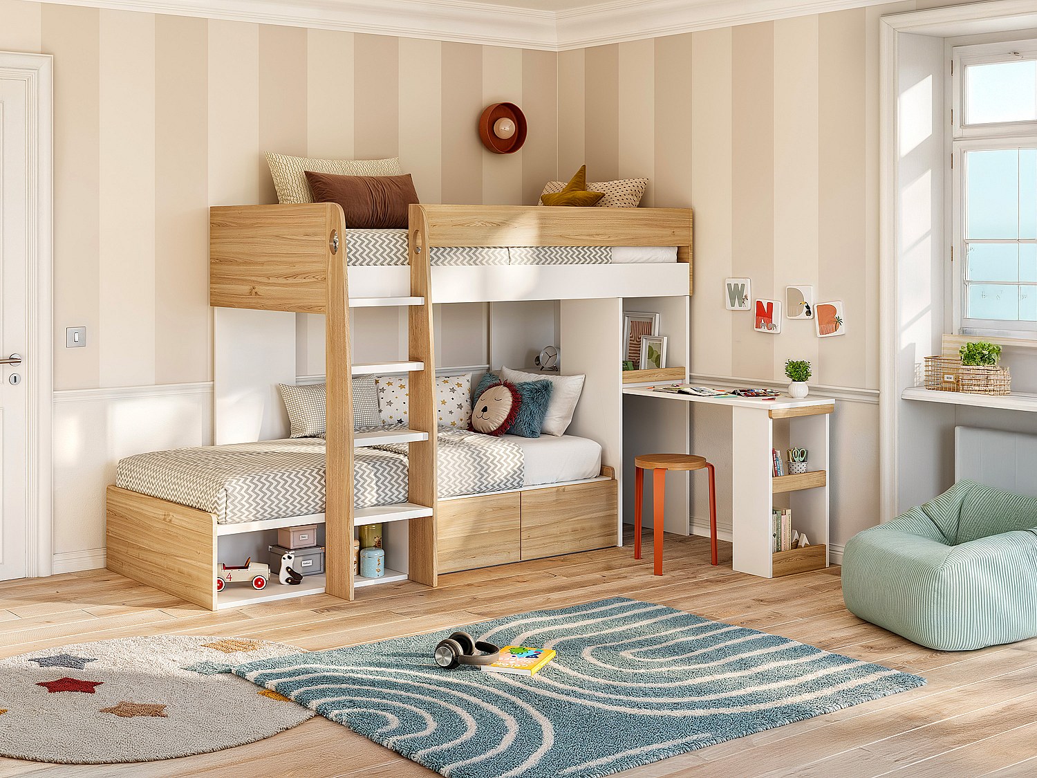 Etagenbett mit Schreibtisch & Stauraum - 2 x 90 x 190 cm - Holzfarben & Weiß - LOMIDEN