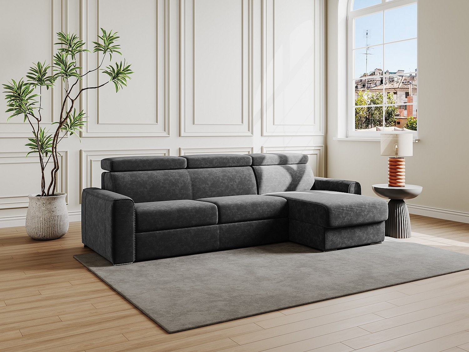 Ecksofa mit Matratze - Ecke wechselbar - Cord - Anthrazitgrau - Liegefläche mit Lattenrost mit breiten Latten 160 cm - Matratze 22 cm - Memory Schaum - VIZIR