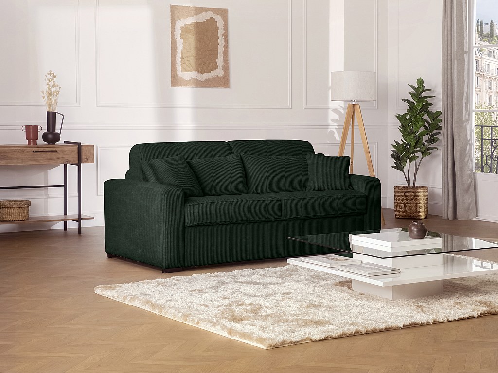 Schlafsofa mit Matratze 4-Sitzer - Liegefläche mit Lattenrost mit breiten Latten 160 cm - Matratze 16 cm - Cord - Grün - MONDOVI