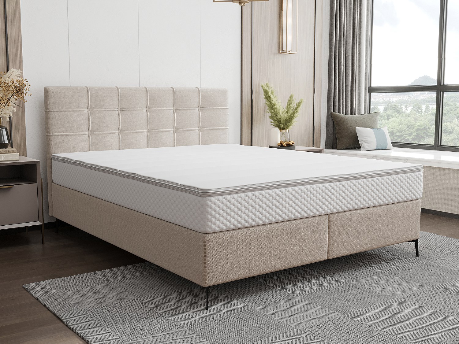 Boxspringbett komplett mit Bett-Kopfteil gesteppt + Lattenrost + Matratze + Topper - 160 x 200 cm - Stoff - Beige - INAO von YSMÉE