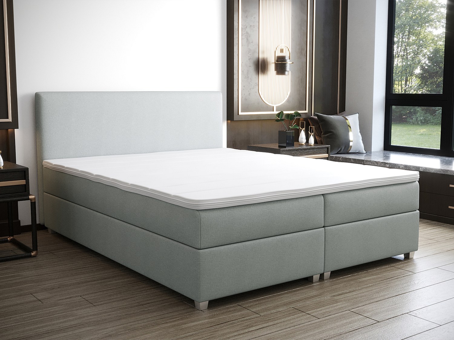 Boxspringbett komplett mit Bett-Kopfteil + Lattenrost + Matratze + Topper - 140 x 200 cm - Stoff - Hellgrau - ONAN von YSMÉE
