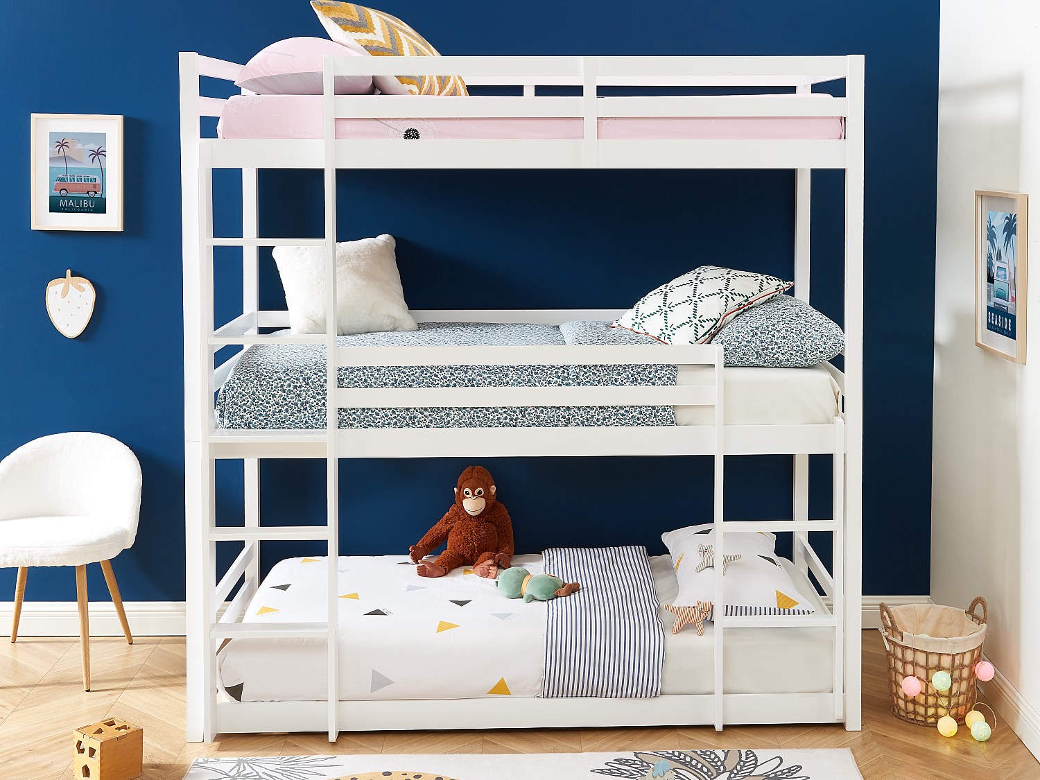 Etagenbett 3 Personen + Matratzen - Kiefernholz - 3 x 90 x 200 cm - Weiß - VAGAR