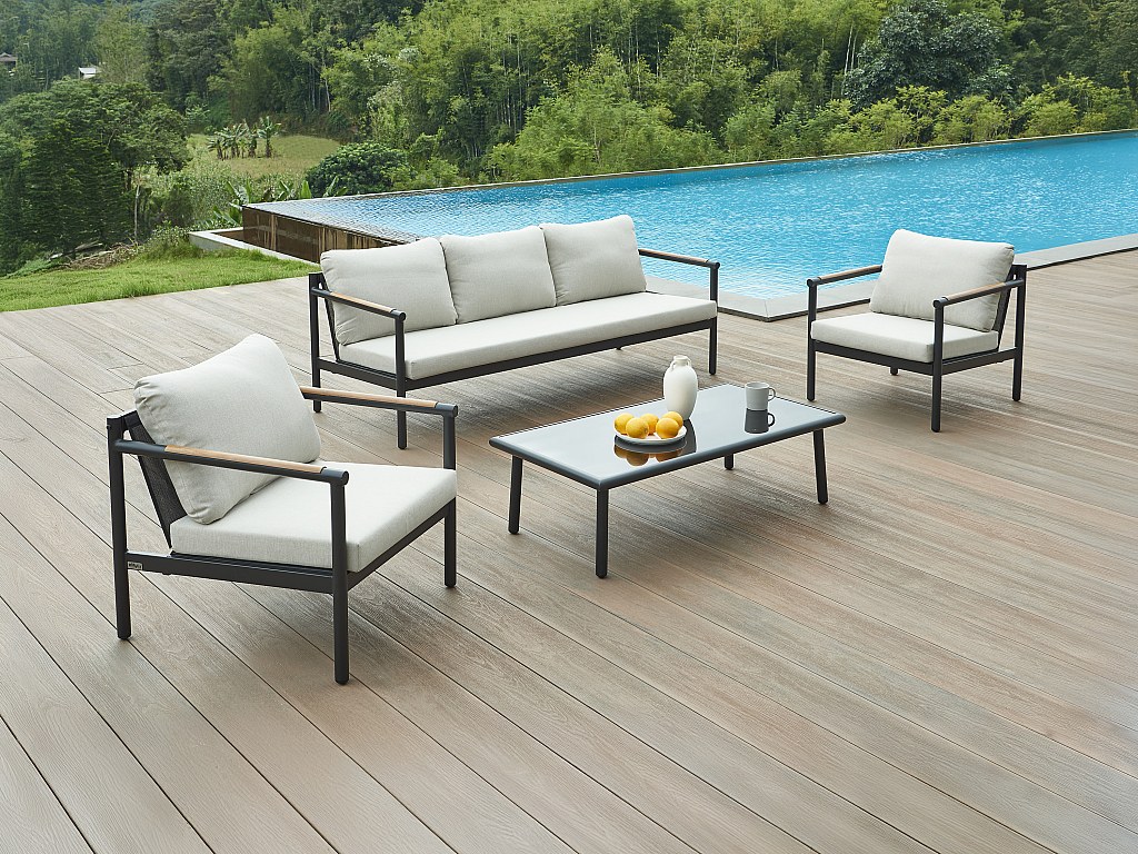 Garten-Sitzgruppe: 1 Sofa 3-Sitzer, 2 Sessel & 1 Tisch - Aluminium - Schwarz & beigefarbene Kissen - LAKIT von MYLIA