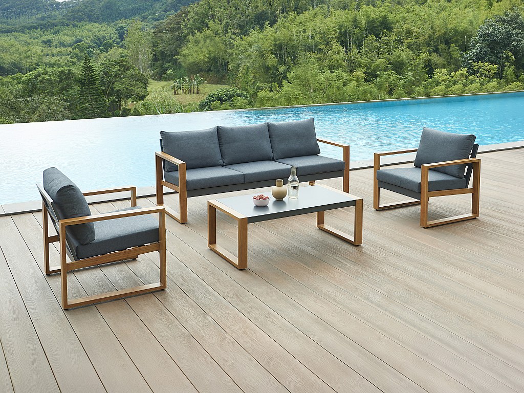 Garten-Sitzgruppe: 1 Sofa 3-Sitzer, 2 Sessel & 1 Tisch - Aluminium - Holzfarben & schwarze Kissen - JALLY von MYLIA