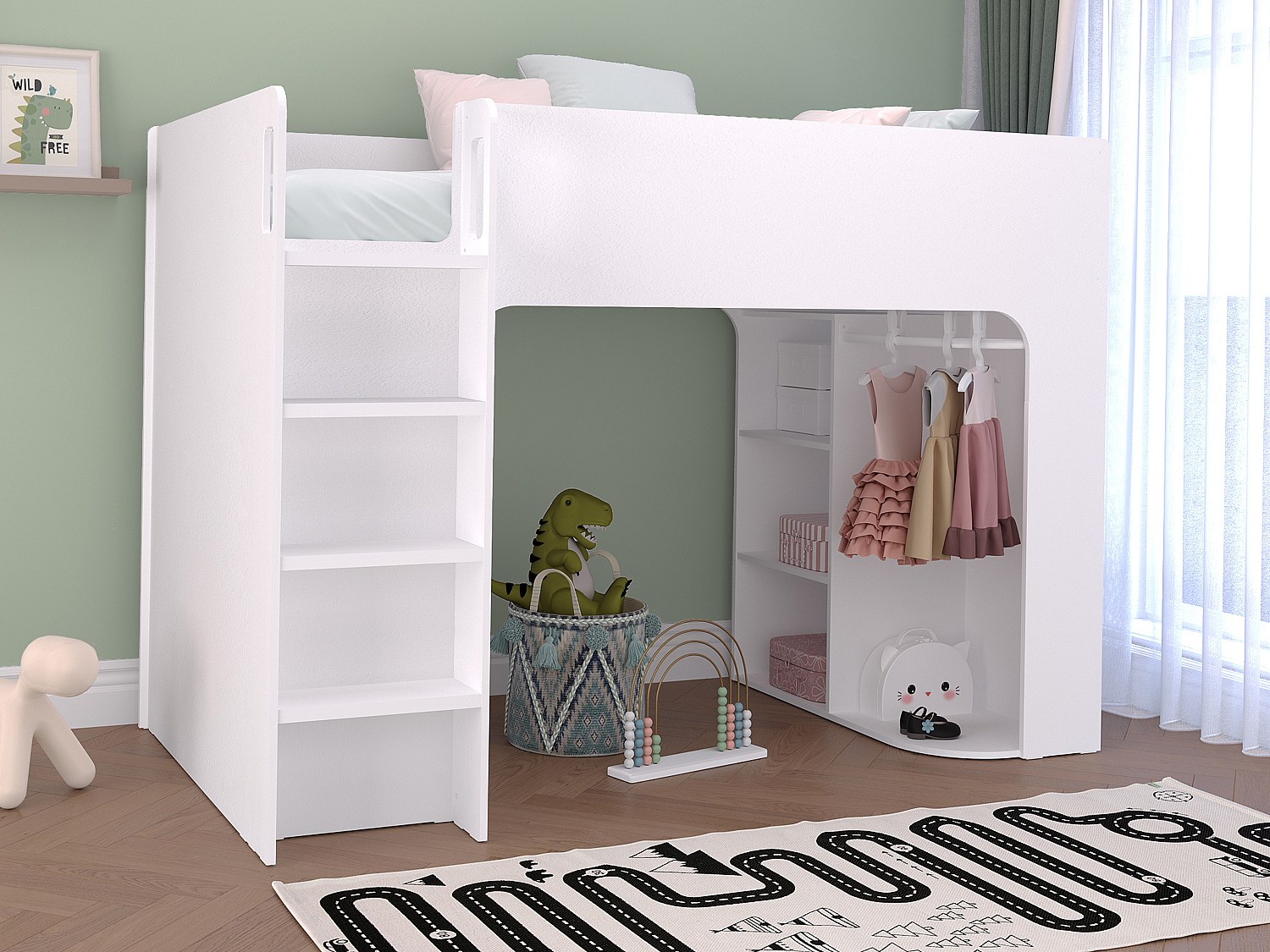 Hochbett mit Stauraum - 90 x 190 cm - Weiß + Matratze - COLUMI